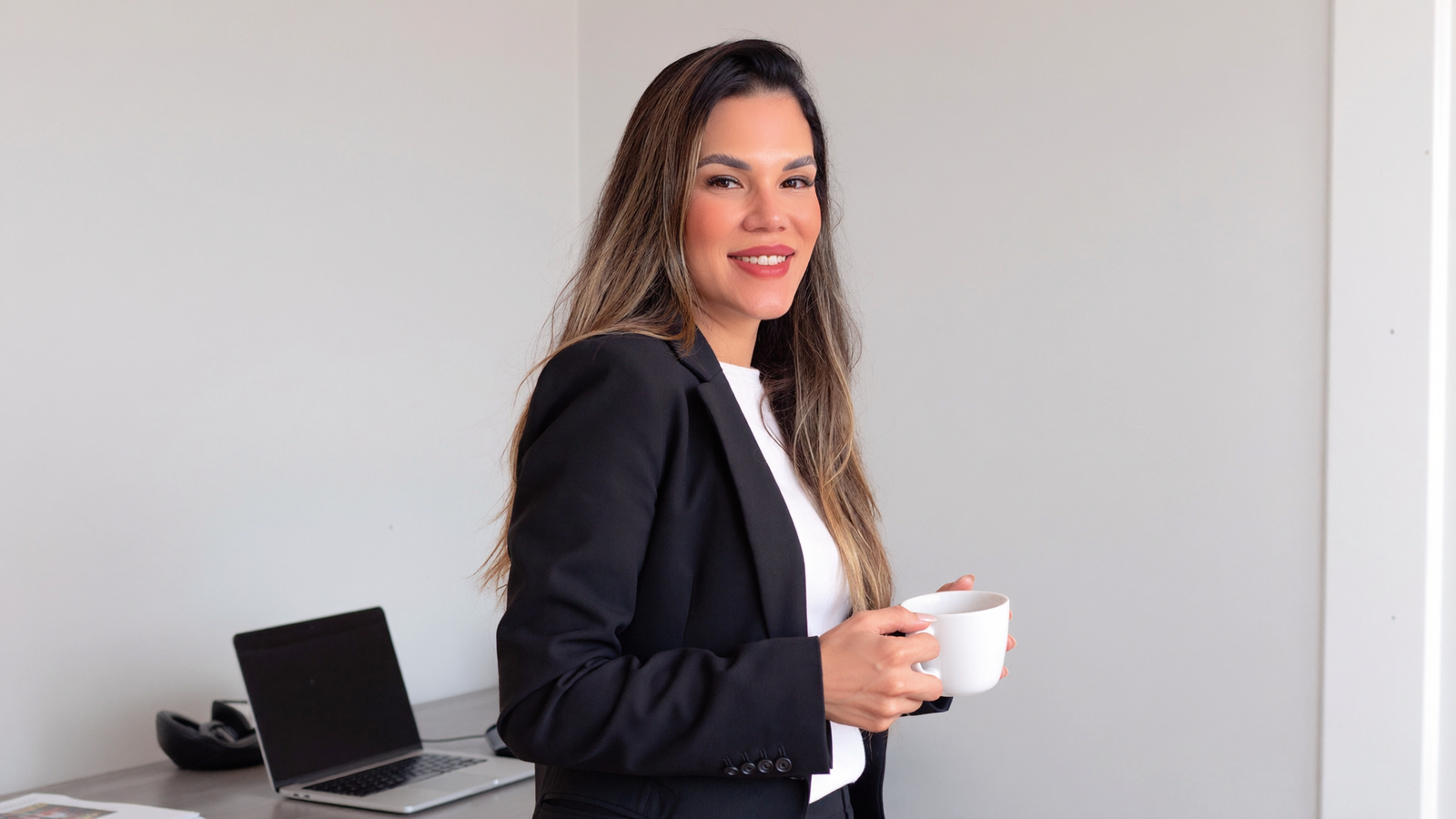 Camila Sande em pé no escritório, de blazer preto, ao lado da mesa com o notebook