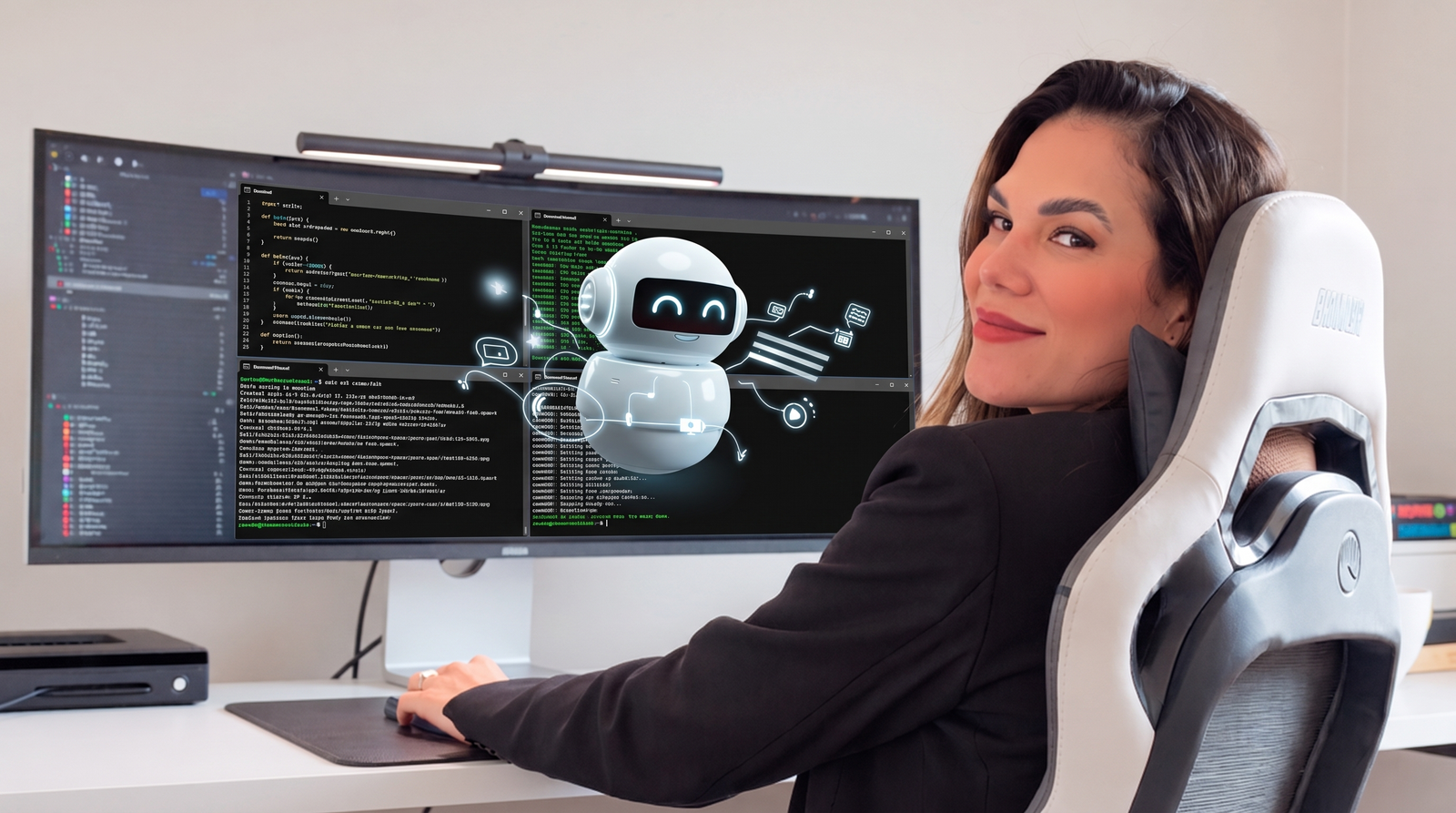 Camila Sande sentada na estação de trabalho, olhando para a câmera, enquanto o Agente de IA trabalha sozinho no monitor ultrawide atrás dela